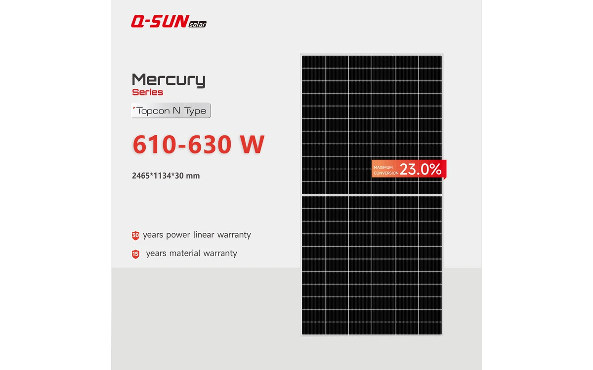 Tấm Pin Năng Lượng Mặt Trời Q-SUN Mercury Series 610~630W N-type Double Glass – Hiệu Suất Cao, Bền Bỉ